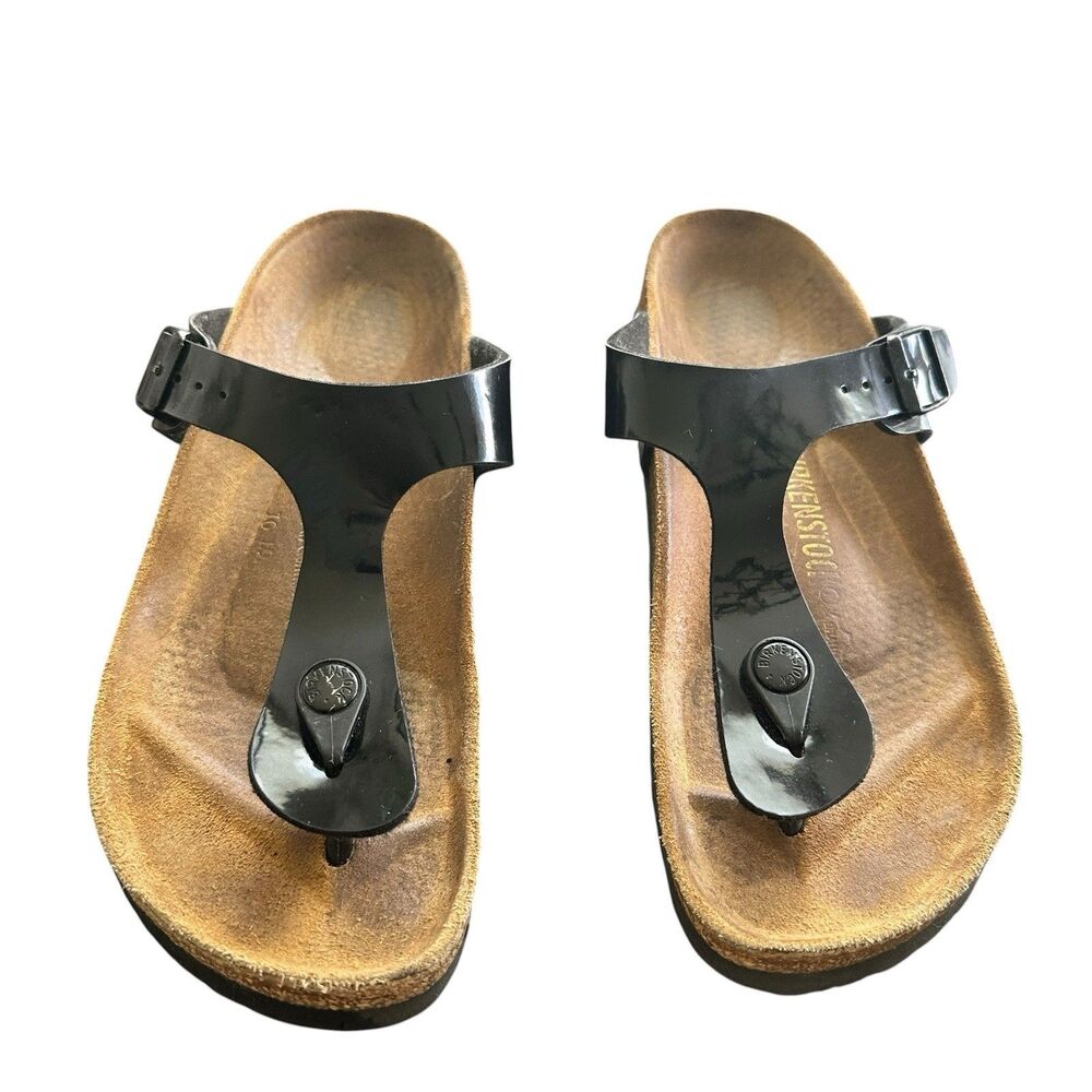 Birkenstock Gizeh Sandals Sz 38 US 7.5 Black Patent Leather T Strap Women’s